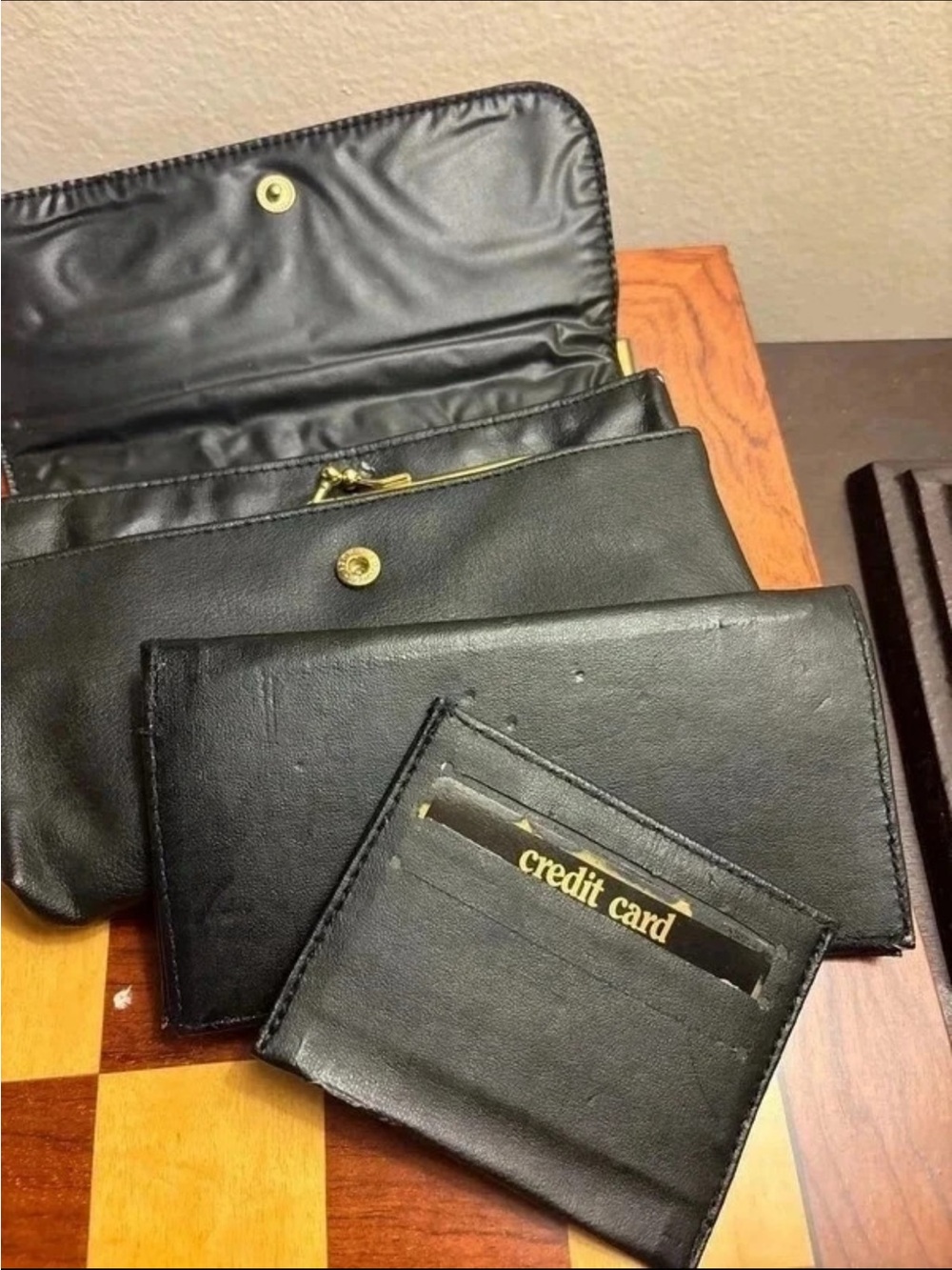 Kuang Huei 1980s WomenBlack Leather Wallet, Coin Purse & card holder